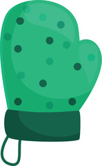 Green oven mitt with polka dots hanging from a hook, isolated on a white background