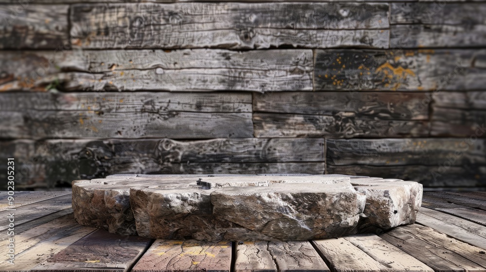 Poster stone podium with a rustic wooden backdrop, creating a natural space for text and product placement