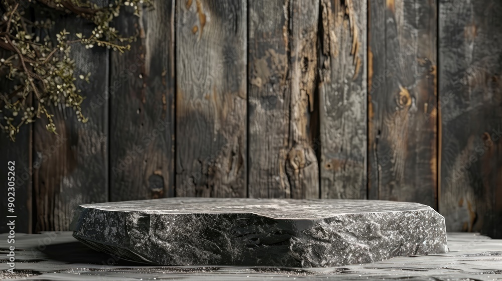 Poster stone podium with a rustic wooden backdrop, creating a natural space for text and product placement