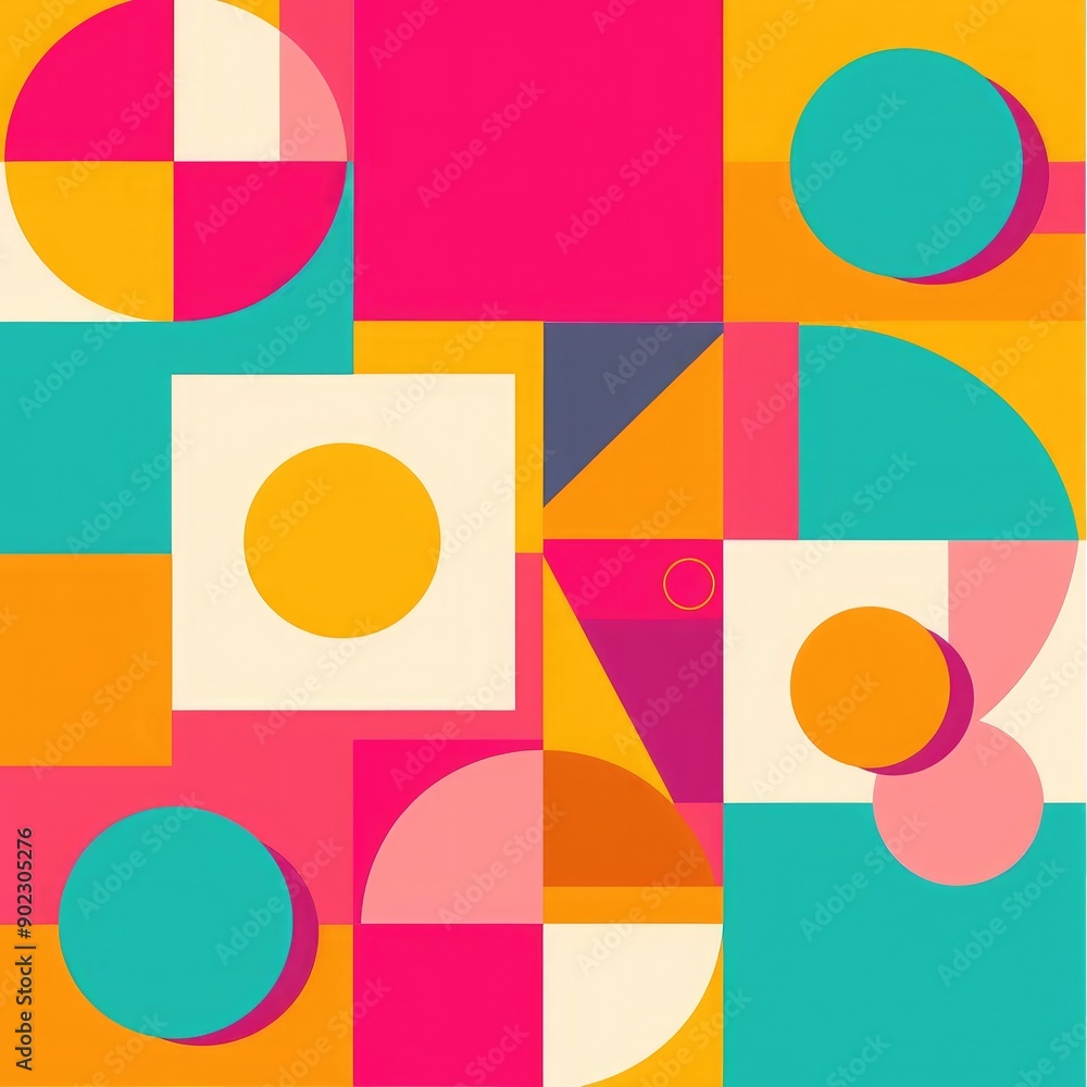 Poster minimal geometric background with bright colorful squares and circular elements, vector illustration
