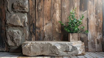 Stone podium with a rustic wooden backdrop, creating a natural space for text and product placement