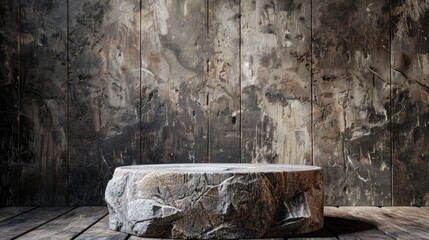 Stone podium with a rustic wooden backdrop, creating a natural space for text and product placement