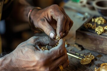 A rare glimpse of an Indian artisan crafting intricate jewelry using traditional techniques, the workshop filled with tools and raw materials, and the artisan's focused expression and skillful hands