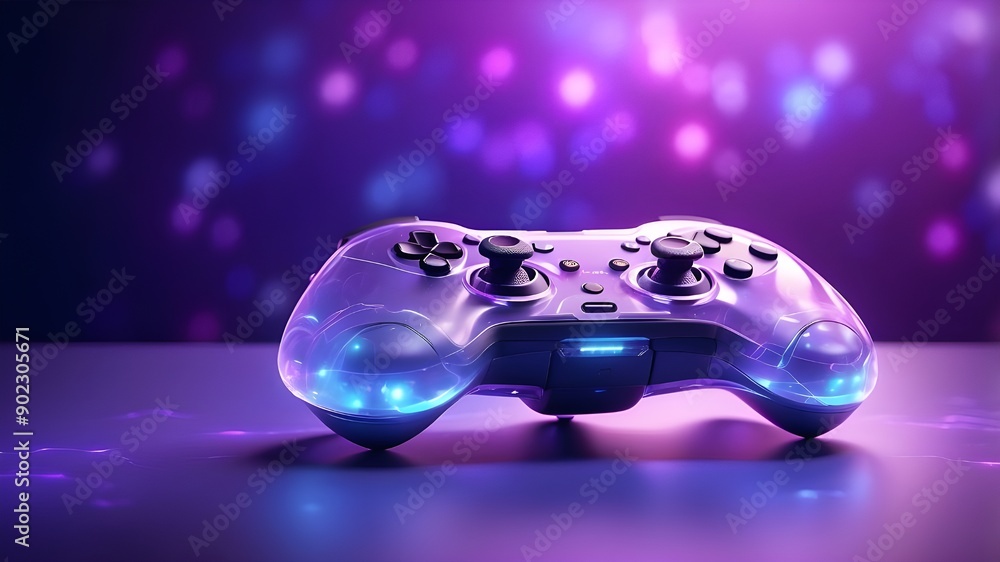 Poster innovative hologram of a gamepad or joystick on a hazy purple background with a mock-up location. es