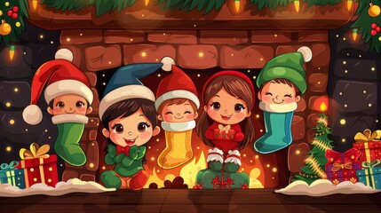 Cartoon vector children hanging stockings by the fireplace