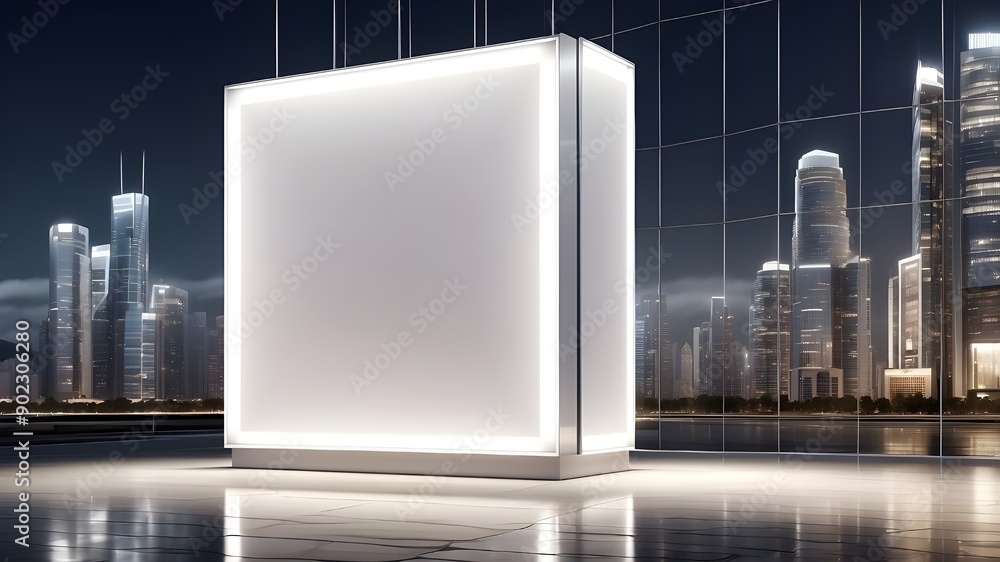 Poster square white billboard with nighttime reflections on a gleaming glass skyscraper facade. 3d renderin