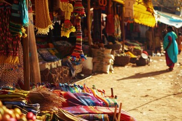 Fototapeta premium A rare glimpse of an Indian tribal market, vendors selling handmade crafts, traditional clothing, and fresh produce, the vibrant colors and diverse crowd creating a lively atmosphere, showcasing the