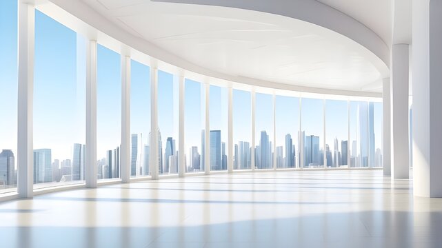 A modern, empty exhibition hall with a polished floor, white columns, and a glass wall that provides a sunny view of the city. three-dimensional rendering