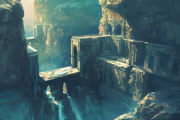 Ancient stone ruins of a forgotten city with overgrown plants and a river flowing through the middle