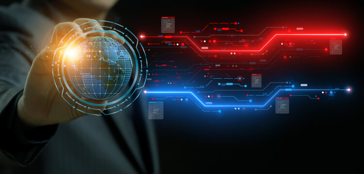 Businessman showing planet earth with HUD futuristic frame on virtual screen. Sphere globe cyber futuristic and technology concept.