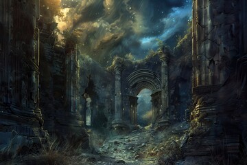 Ancient ruins of a forgotten temple shrouded in mystery and magic