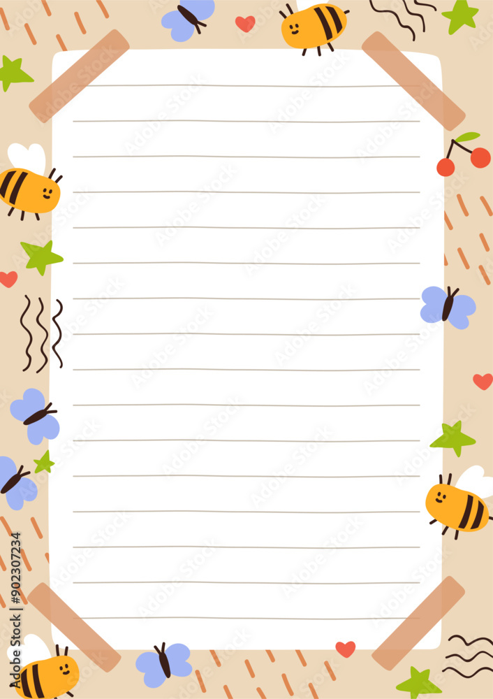 Aufkleber Notebook paper page design. Sheet background with lines for cute funny kids notepad with bee and butterfly frame. Organizer, planner, diary in modern childish style. Flat vector illustration