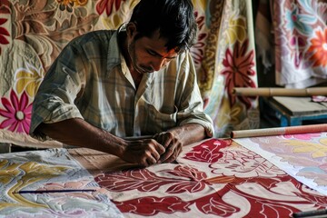 A rare sight of an Indian artisan creating intricate designs on traditional textiles, the workshop filled with vibrant fabrics and tools, and the artisan's skillful hands and focused expression