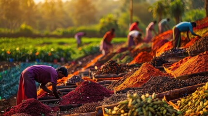 A captivating view of an Indian spice farm, workers harvesting and processing various spices, the lush green fields and vibrant colors creating a picturesque scene, showcasing the agricultural