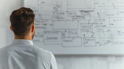 Businessman analyzing a complex flowchart on a whiteboard. Strategy planning and decision making concept.
