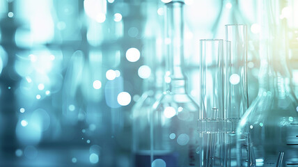 Fototapeta premium Blue chemistry abstract background, copy background space with ampoules for chemical scientific experiments