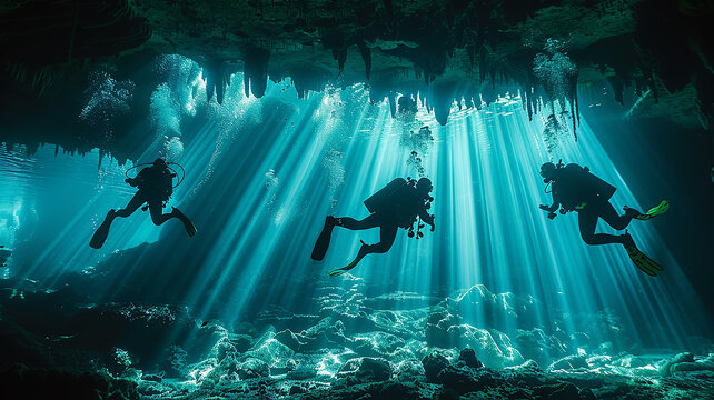 a group of divers, underwater view, diving into the depths of the cave in the rays of light, diving training at sea