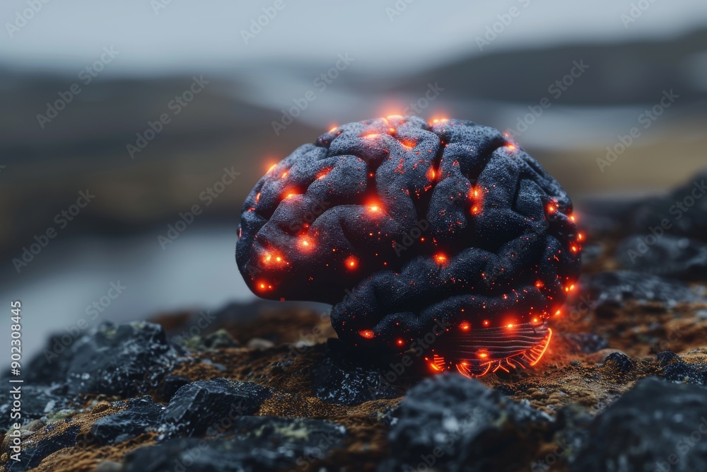 Poster neural brain model with glowing elements in natural setting