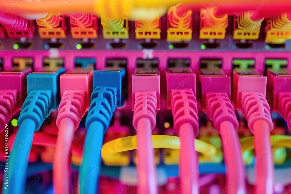 Poster detailed view of colorful ethernet cables plugged into a network switch, representing modern data ce