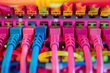 Fototapeta premium Detailed view of colorful ethernet cables plugged into a network switch, representing modern data center infrastructure.