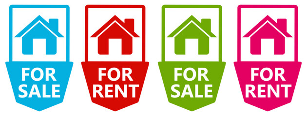 set vector sign for sale and rent icon stickers. house for rent promotional template label design illustration