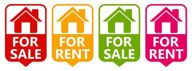 set vector sign for sale and rent icon stickers. house for rent promotional template label design illustration