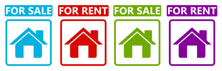 set vector sign for sale and rent icon stickers. house for rent promotional template label design illustration