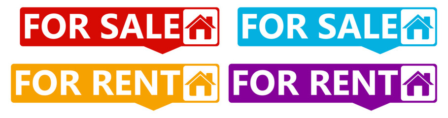 set vector sign for sale and rent icon stickers. house for rent promotional template label design illustration