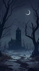 Fototapeta premium A Silhouetted Stone Tower and House Under a Crescent Moon