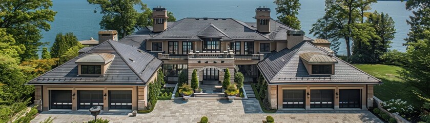 Fototapeta premium Stunning luxury mansion overlooking serene waters, featuring elegant architecture and beautiful landscaping for a peaceful retreat.