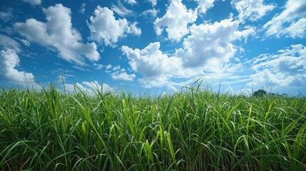Obraz premium High-tech fertilization methods, sugarcane fields, optimal growth, clear skies