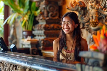 Fototapeta premium Smiling woman with long black hair in a tropical setting