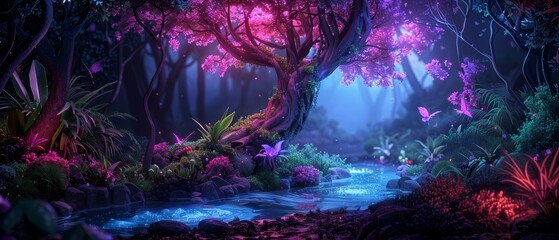 A forest with a tree that is purple and pink