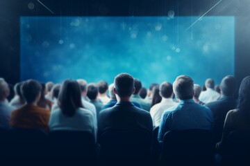 A photo of an audience at an event watching and listening to presenters on stage against a blue background. A web banner with empty space on the right side - stock photo. 