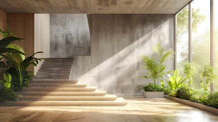 Modern industrial interior with an empty room with a stylish wooden staircase, concrete walls and ceiling, natural light from large windows"