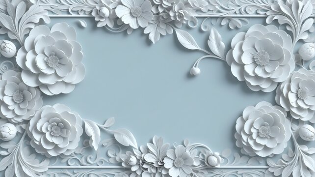 3D rendering decorative border made white paper flowers Blue and