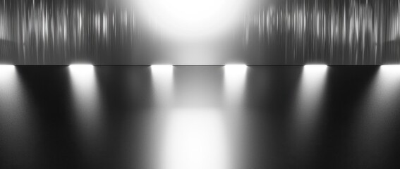 Obraz premium A minimalist, black and white image featuring a textured surface with illuminated strips and spotlights.
