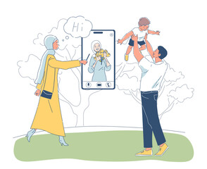 Muslim family in social media. Man with child and woman in hijab near smartphone. Video call in social networks and messnegers. Islamic culture and traditions. Linear vector illustration