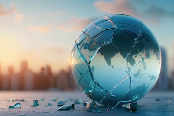 A broken glass globe symbolizing environmental challenges and a fractured world, with a serene sunset in the background.