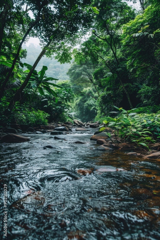 Wall mural river flowing through green forest