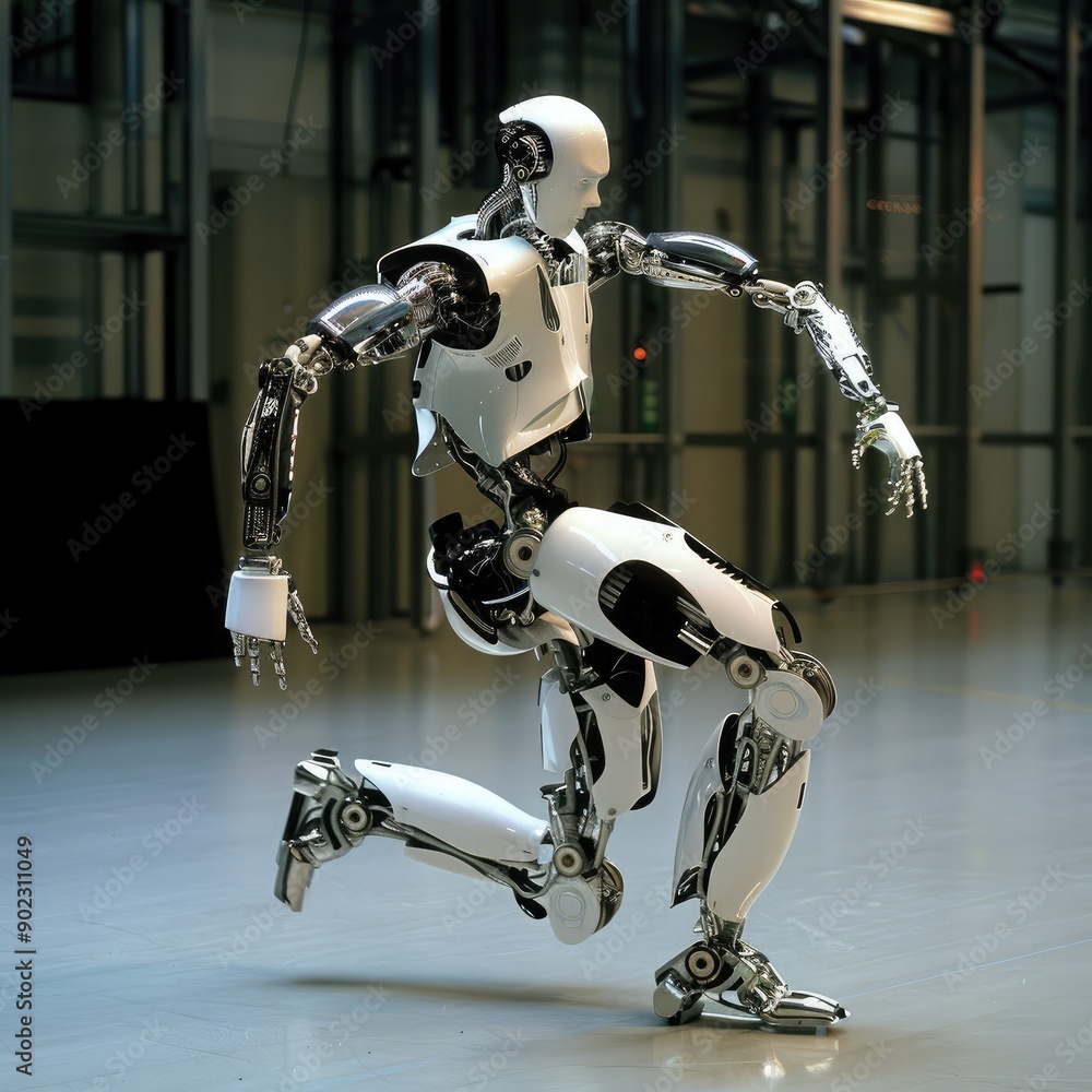 Aufkleber a functional humanoid robot demonstrating complex mechanical movements in a high-tech environment, s