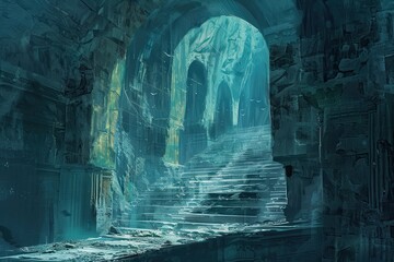 Ancient temple ruins with glowing blue light and stone steps