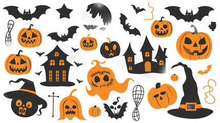 Vector Halloween elements including pumpkins, bats, and ghosts on white.