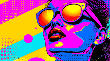 Bold 80s pop art background with pop culture icons.