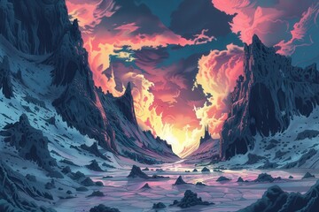 Mystical sunset over a frozen wasteland