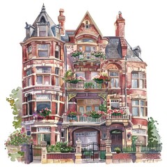Obraz premium Watercolor painting of a Tudor-style townhouse, adorned with flower boxes and wrought, on isolated white background, Generative AI