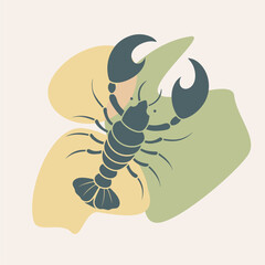 Lobster or crayfish on blobs background. Seafood shop logo, signboard, restaurant menu, fish market, banner, poster design template. Fresh seafood or shellfish product.