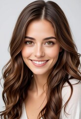 Fototapeta premium A young woman with long flowing brown hair and warm hazel eyes smiles gently at the viewer against a pure white backdrop