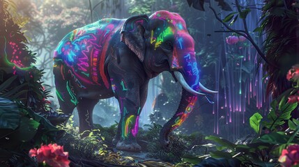 Obraz premium A fantastical depiction of an Indian elephant with neon patterns on its skin, walking through a futuristic, holographic jungle, the vibrant colors and glowing elements enhancing the magical and