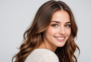 A young woman with long flowing brown hair and warm hazel eyes smiles gently at the viewer against a pure white backdrop